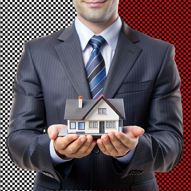 PSD a businessman holding mini house on transparent background