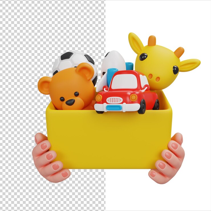 PSD a caixa de doação está cheia de brinquedos infantis ajuda para crianças apoio para crianças ícones de renderização 3d