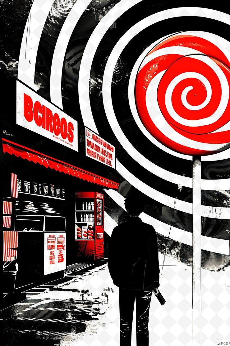 PSD a candidate visiting a candy store with a red lollipop swirl png flat illustration background