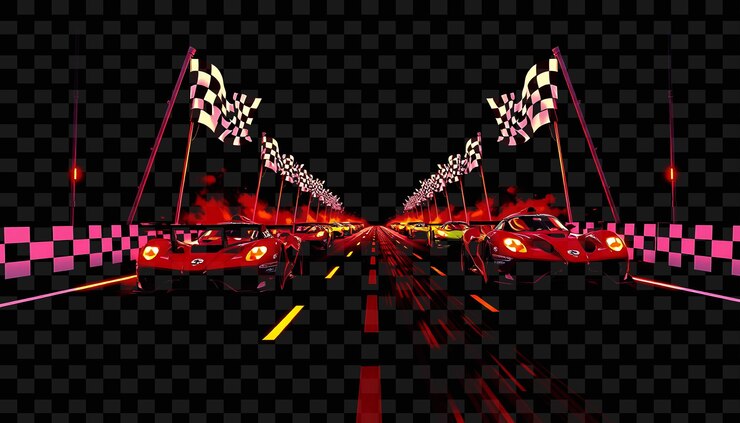 PSD a car driving down a road with flags on the top