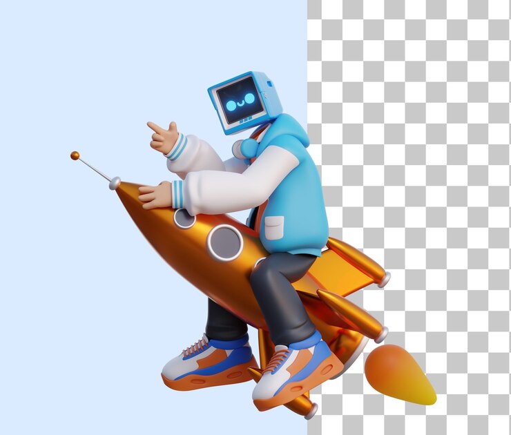 PSD a cartoon character with a blue hoodie and a white robot on the rocket.
