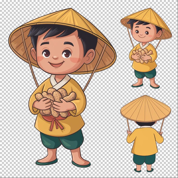 PSD a cartoon character with a yellow shirt and a japanese character holding a bamboo stick
