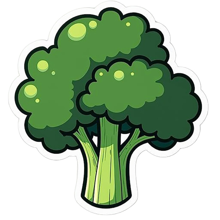 PSD a cartoon drawing of a green broccoli with a green leaf