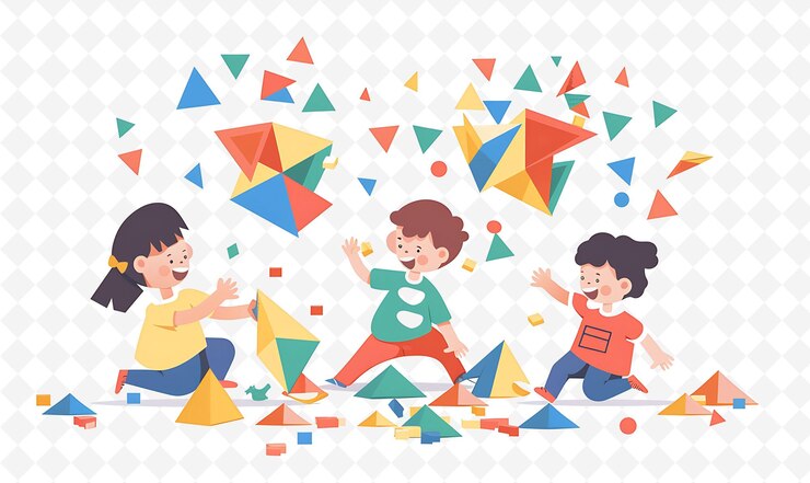 PSD a cartoon illustration of children playing with a paper airplane and a paper cone