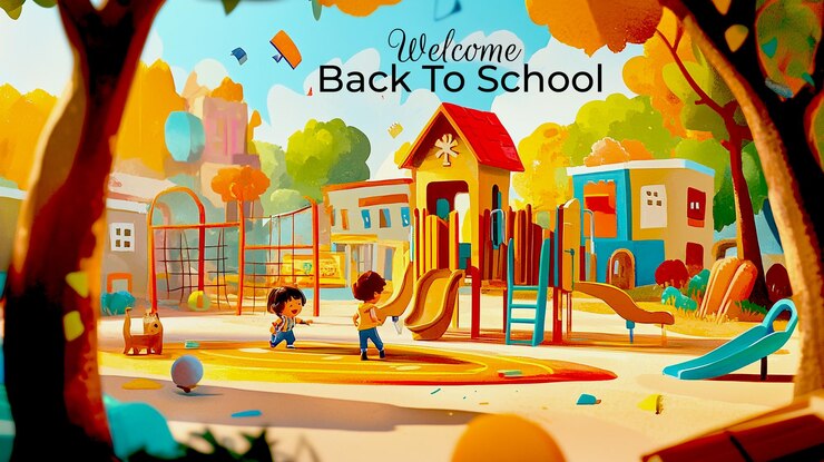 PSD a cartoon illustration of children playing with balloons and the words welcome