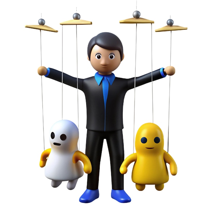PSD a cartoon man with a suit and tie holding three small toys