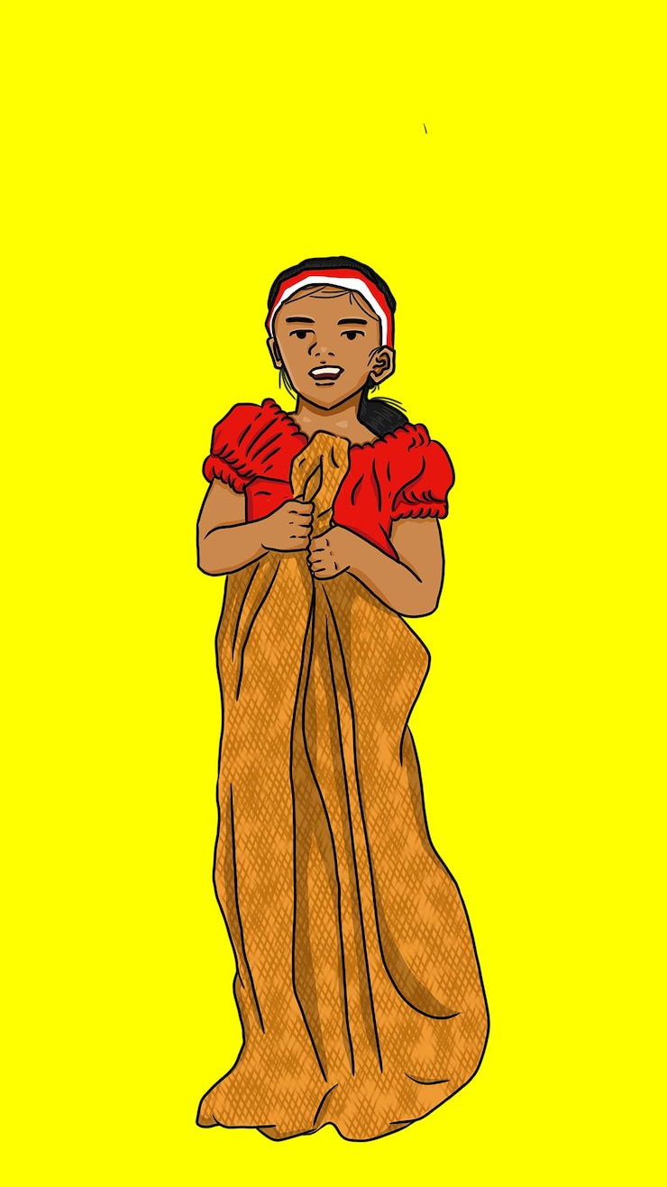 PSD a cartoon of a girl celebrate indonesian independence day with sack race