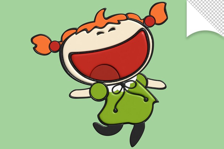 PSD a cartoon of a girl with red hair and a green dress is laughing.