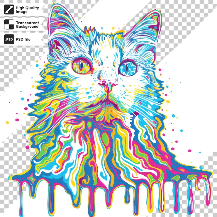 PSD a cat with a colorful face is on a table