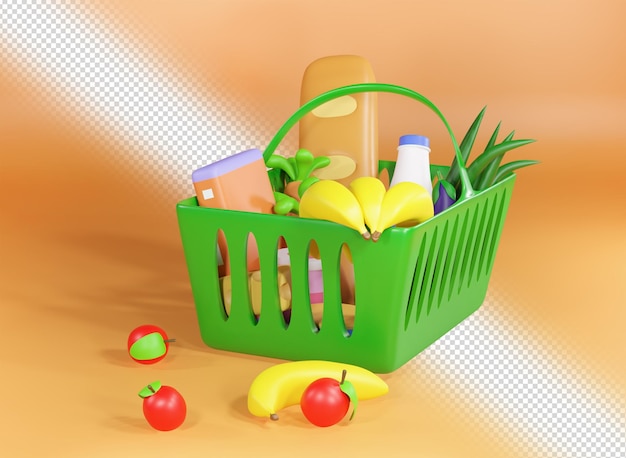 a cesta de supermercado está cheia de comida 3d render