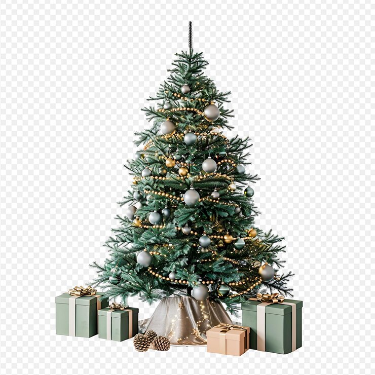 a christmas tree with a gold ribbon and a silver bow