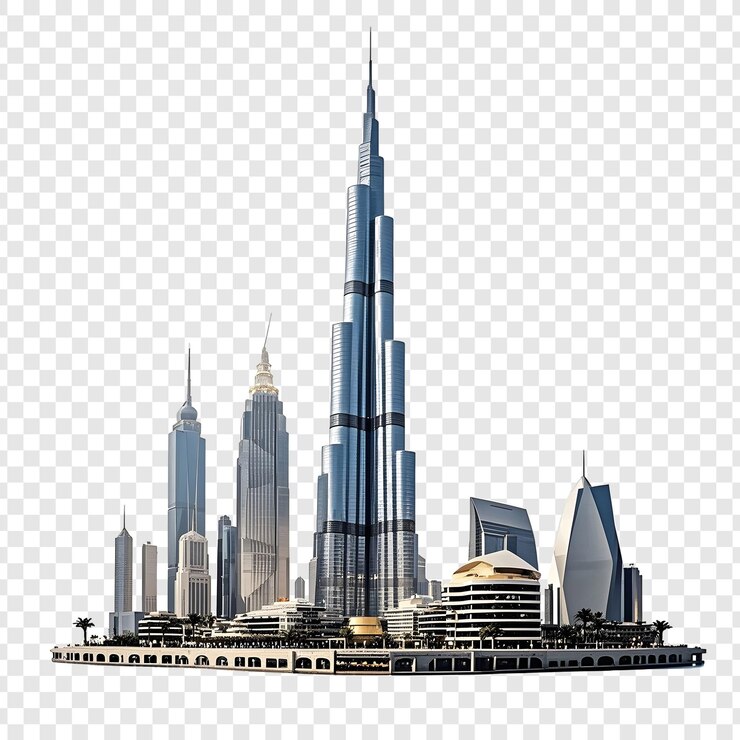 a city skyline with a building in the background