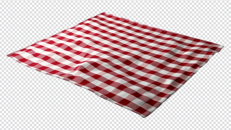 A classic red and white checkered picnic blanket laid out on a flat surface ready for outdoor dining experiences in sunny weather