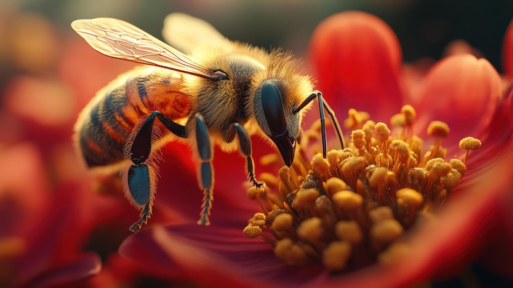 PSD a closeup of a bee pollinating a red flower
