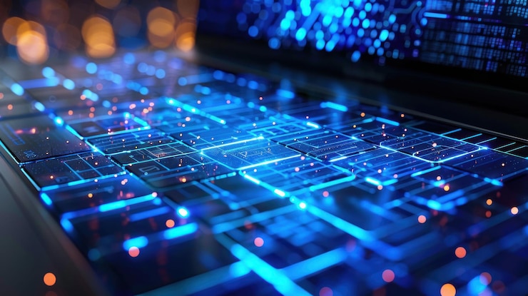 PSD a closeup of a futuristic laptop keyboard with glowing blue lines
