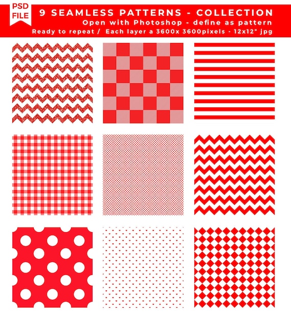 PSD a coleção de padrões sem costura de 9 vermelhos deve ter padrões em formato jpg prontos para serem repetidos