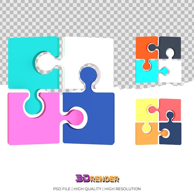 a collection of 3d renderings of four piece three angle jigsaw puzzles