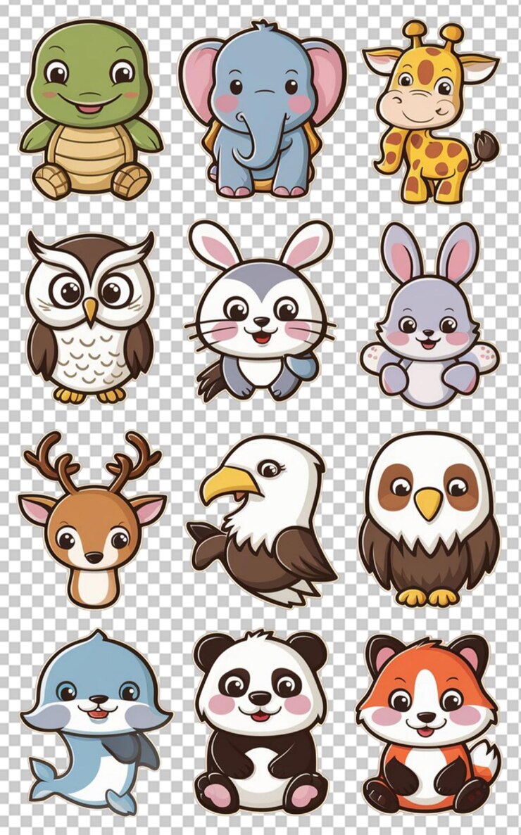 PSD a collection of cartoon animals stickers isolated on transparent background