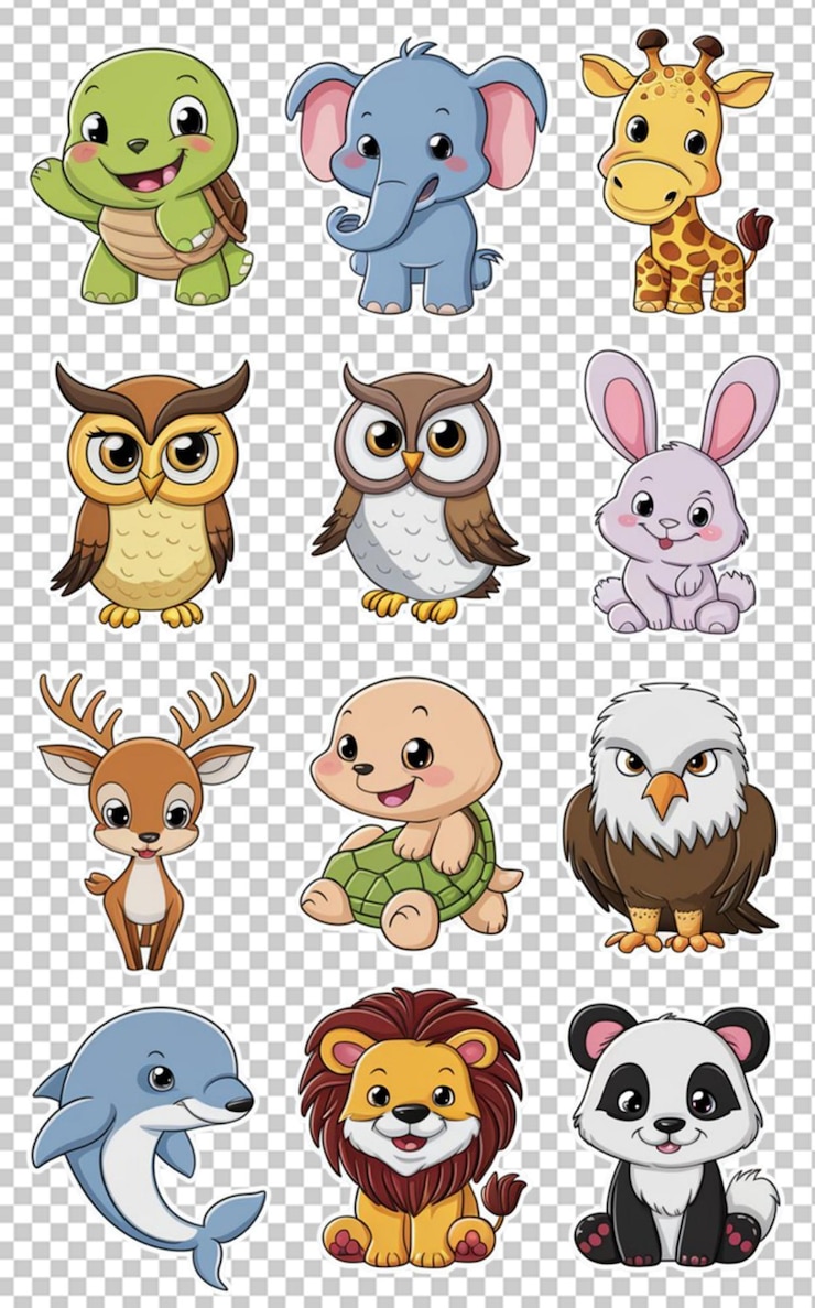 PSD a collection of cartoon animals stickers isolated on transparent background