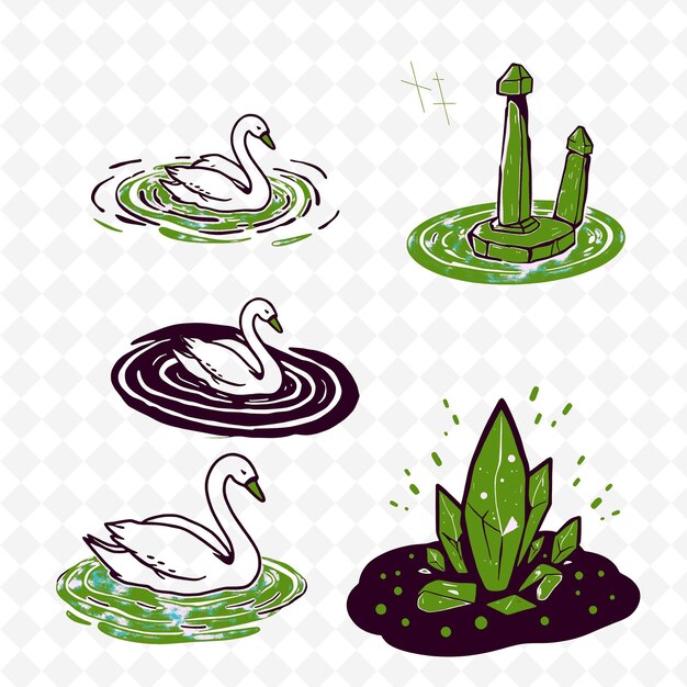 a collection of swans and a duck on a checkered background