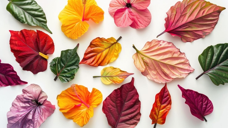 PSD a colorful arrangement of tropical leaves and flowers on a white background