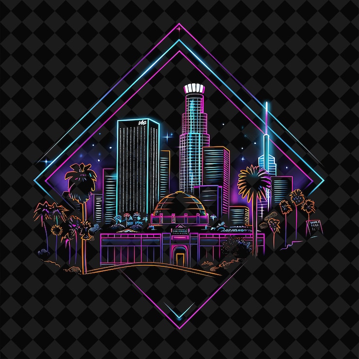 PSD a colorful city skyline is shown on a black background