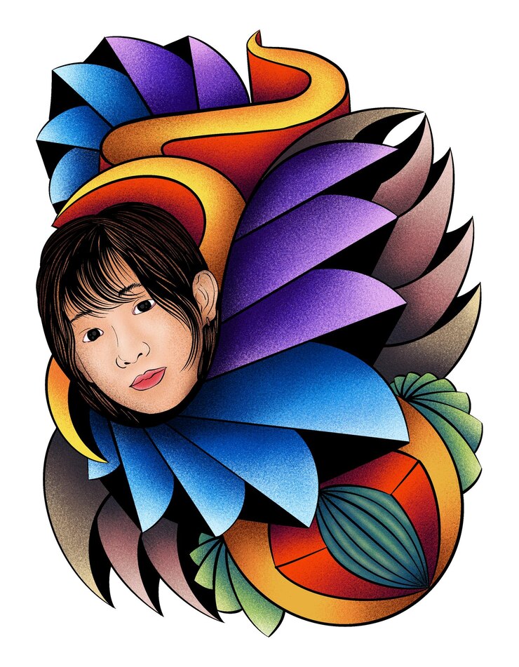 PSD a colorful illustration of a woman with a peacock head and a large colorful peacock