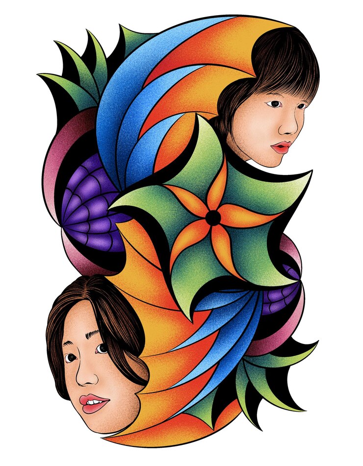 PSD a colorful picture of a woman and a man with a colorful flower in the middle