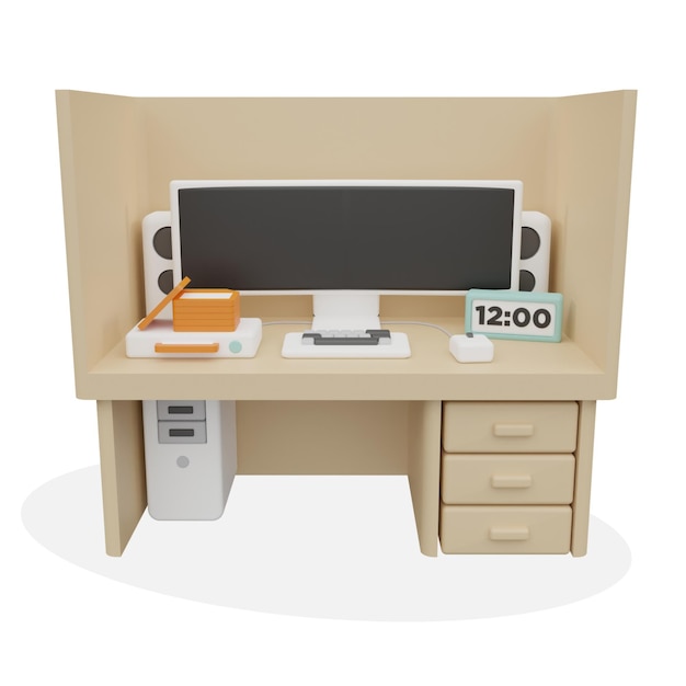 a computer desk with a digital clock showing the time as 12 05