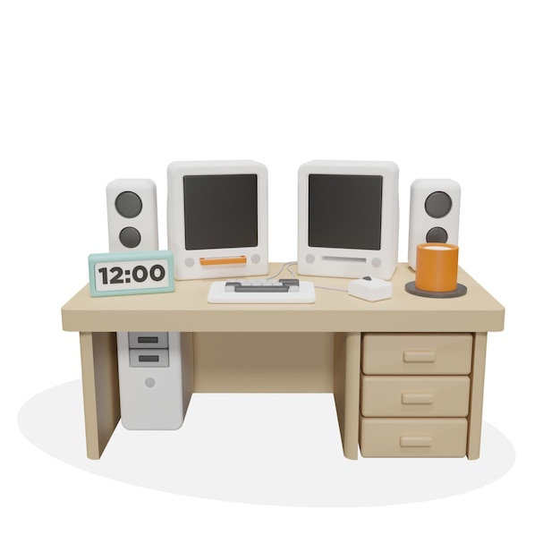 a computer desk with two monitors and a sign that saysthe time