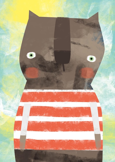 A cute cat character wearing a pink hat and striped shirt in a whimsical style