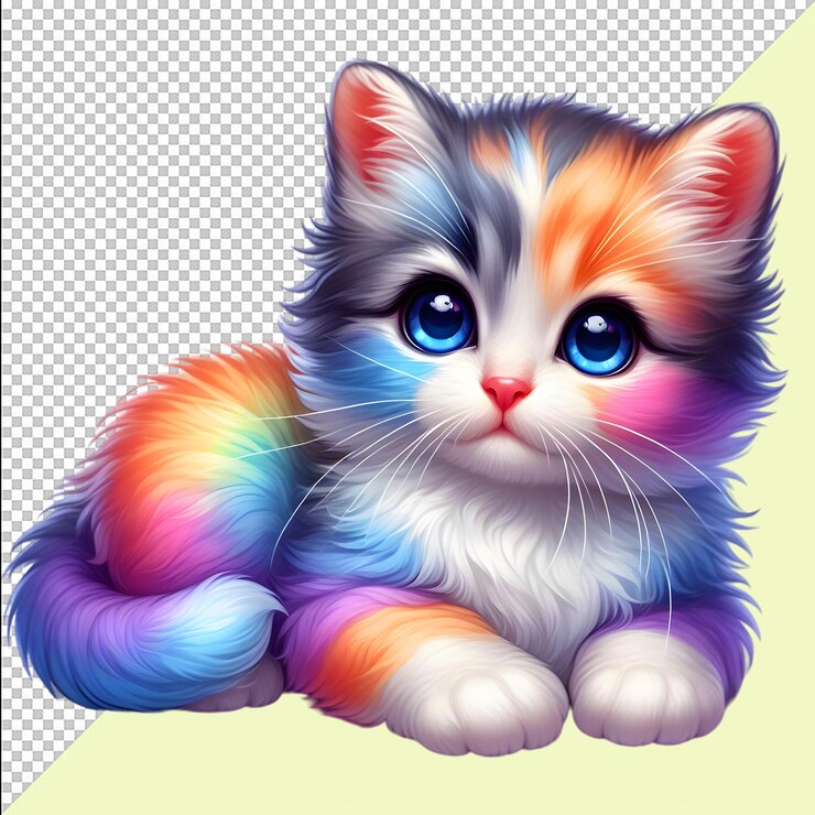 PSD a cute cat fluffy kitten with rainbow colors international cat day png psd transparent background