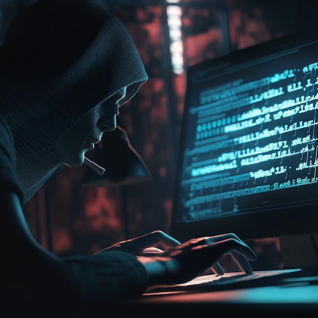 A cyber hacker with a hoodie on his computer Cyber crime poster