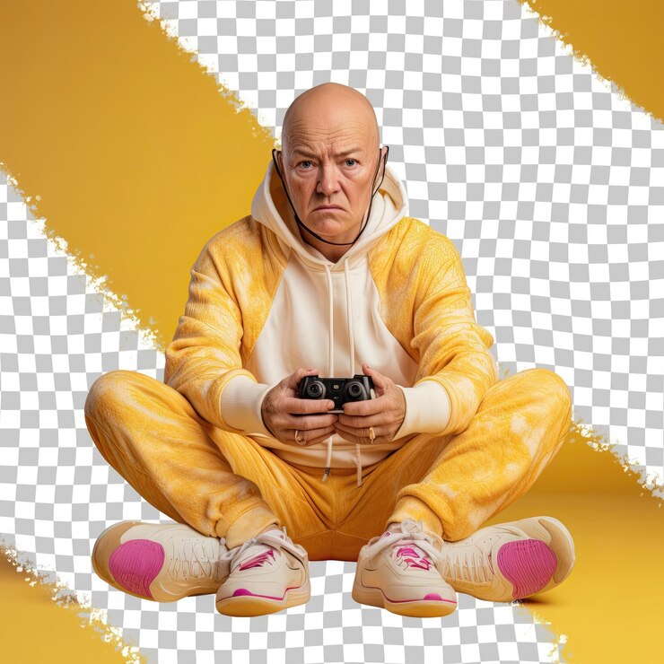 PSD a depressed senior woman with bald hair from the scandinavian ethnicity dressed in video gaming on consoles attire poses in a back arch with hands on thighs style against a pastel lemon bac