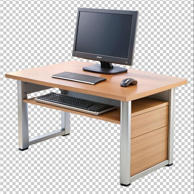 a desk with a computer and a monitor on it isolated on white background