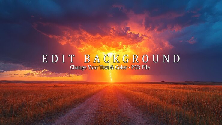 PSD a dramatic sunset with a lightning bolt striking the horizon illuminating a dirt road leading through a field of golden grass