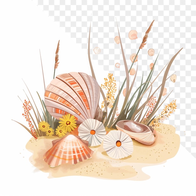 PSD a drawing of a beach scene with shells and flowers