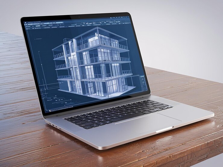 a drawing of a building is on the laptop screen