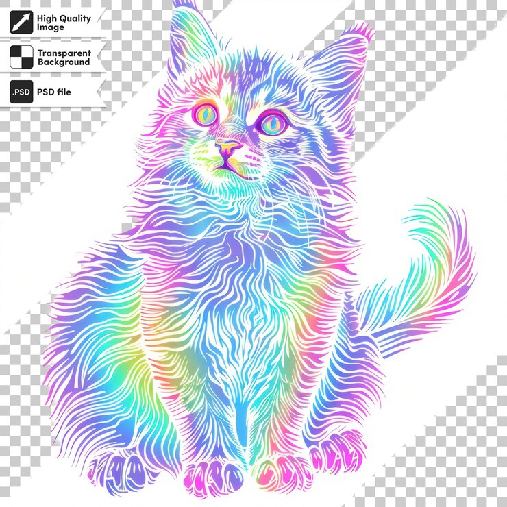 PSD a drawing of a cat with a rainbow colored tail