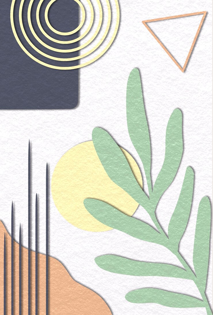 PSD a drawing of a green leaf with a yellow circle on it wall art abstrak geometric shapes and lines