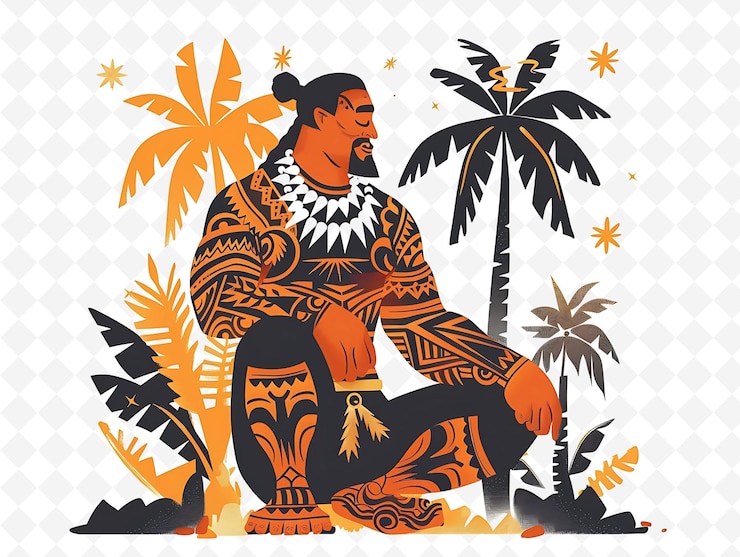 PSD a drawing of a man with a tribal outfit and palm trees