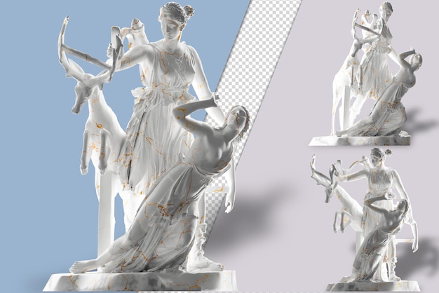 PSD a estátua de ouro renascentista artemis e ifigênia 3d renderiza perfeita para capas de álbuns de moda