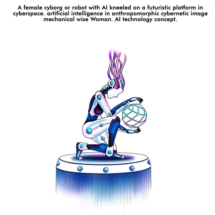 PSD a female cyborg or robot with al kneeled on a futuristic platform in cyberspace ai