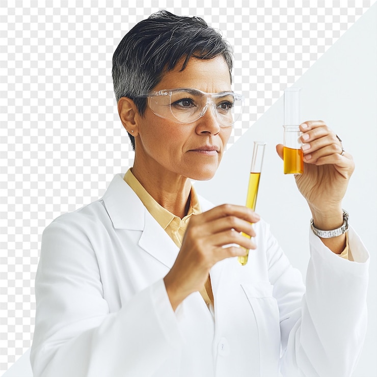 PSD a female scientist with a lab coat and glasses with a bottle of beer in it