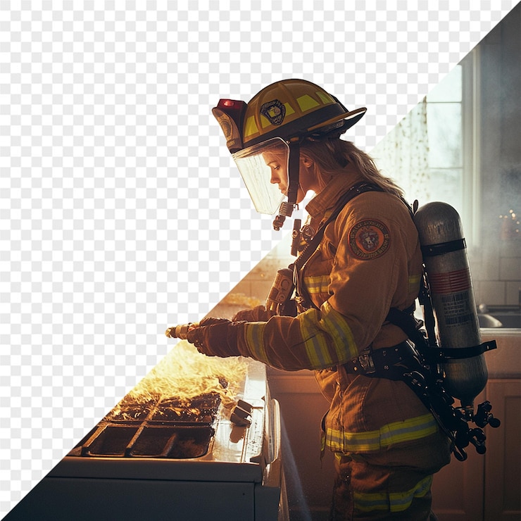 PSD a firefighter is cooking in an oven