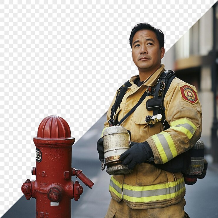 PSD a fireman is standing next to a fire hydrant