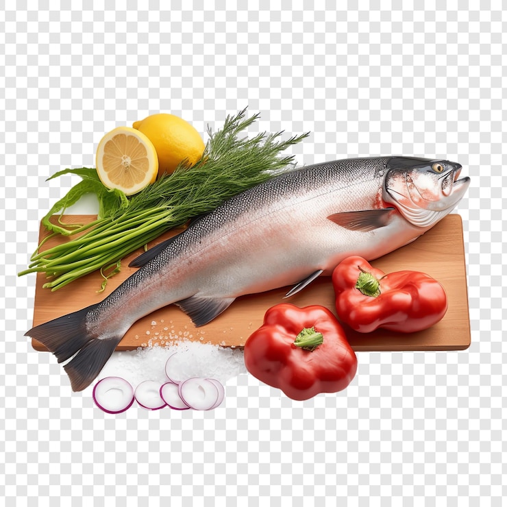 PSD a fish is on a cutting board with vegetables and fruits