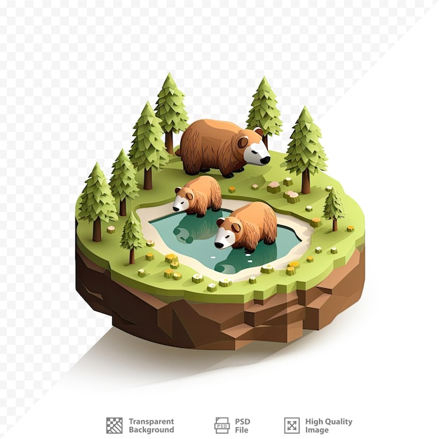 PSD a foto de um urso e um lago com árvores ao fundo.