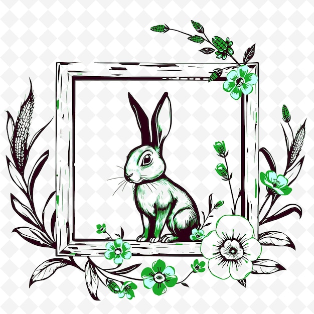 a framed picture of a rabbit with flowers and a frame with a rabbit in it