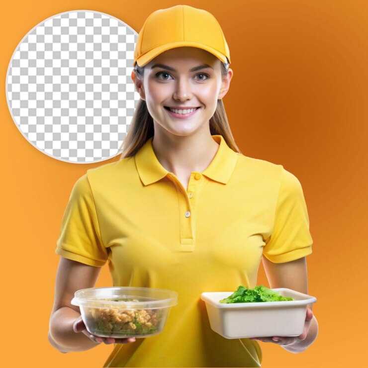 a front view female courier in yellow shirt yellow